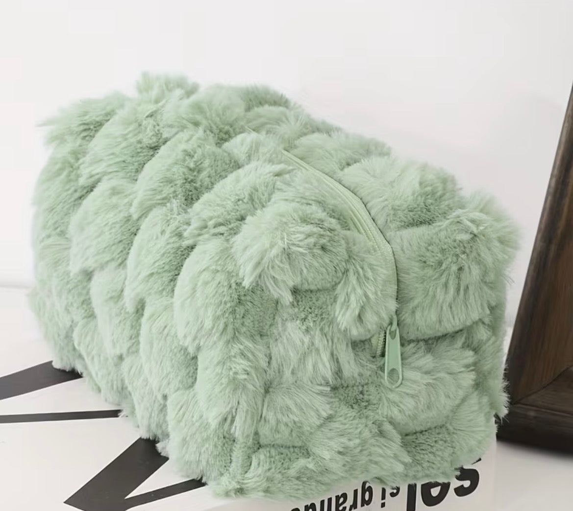 Fluffy green makeup bag